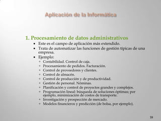 Cont…Según el ámbito de usoOrdenador de bolsillo:Verdadero sustituto, con tremenda ganancia de precisión, de la antigua regla de cálculo.Ordenador doméstico: Pensado para juegos, aprendizaje asistido por ordenador de diversas materias, gestión de agendas, pequeñas contabilidades domésticas, etc. Ordenador profesional: Diseñado para satisfacer las necesidades de proceso de datos de una amplia gama de profesionales y también de pequeñas oficinas técnicas o empresas familiares. 45