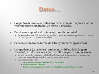 Datos…Conjuntos de símbolos utilizados para expresar o representar un valor numérico, un hecho, un objeto o una idea. Pueden ser captados directamente por el computador:Detectando electrónicamente un sonido o fonema, una temperatura, el entorno de una figura, o el paso de un objetoPueden ser dados en forma de letras y números (grafismos).Los grafismos (caracteres) resultan muy útiles, dada la gran variedad de informaciones que con ellos se pueden representarEs una de las formas más habituales de transmitir, comunicar o almacenar información en la sociedad actual: el lenguaje escritoLos mas usados son:caracteres numéricos (las diez cifras decimales)los caracteres alfabéticoslos caracteres especiales (símbolos ortográficos, aritméticos y otros)6