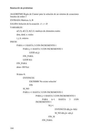 Resolución de problemas


ALGORITMO Regla de Cramer para la solución de un sistema de ecuaciones
lineales de orden 3
ENTRADA Matrices A, B
SALIDA Solución de la ecuación A ⋅ x = B
VARIABLES
      a(3,3), d(3,3), b(3,1): matrices de elementos reales
      deta, detd, x: reales
      i, j, k: enteros
INICIO
      PARA i=1 HASTA 3 CON INCREMENTO 1
              PARA j=1 HASTA 3 CON INCREMENTO 1
                         LEER a(i,j)
              FIN_PARA
              LEER b(i)
      FIN_PARA
      deta←DET(a)


      SI deta=0.
              ENTONCES
                         ESCRIBIR 'No existe solución'
                         FIN
              SI_NO
              PARA i=1 HASTA 3 CON INCREMENTO 1
                               PARA j=1 HASTA 3 CON INCREMENTO 1
                                    PARA    k=1          HASTA       3      CON
                               INCREMENTO 1
                                             SI j=i
                                                      ENTONCES d(k,j)←b(k)
                                                      SI_NO d(k,j)←a(k,j)
                                             FIN_SI
                                       FIN_PARA


164
 