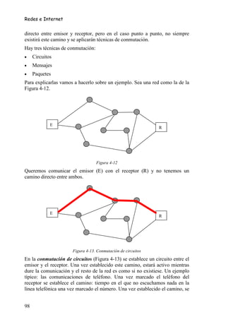 Redes e Internet


directo entre emisor y receptor, pero en el caso punto a punto, no siempre
existirá este camino y se aplicarán técnicas de conmutación.
Hay tres técnicas de conmutación:
•    Circuitos
•    Mensajes
•    Paquetes
Para explicarlas vamos a hacerlo sobre un ejemplo. Sea una red como la de la
Figura 4-12.




             E
                                                               R




                                    Figura 4-12
Queremos comunicar el emisor (E) con el receptor (R) y no tenemos un
camino directo entre ambos.




             E
                                                               R




                      Figura 4-13. Conmutación de circuitos
En la conmutación de circuitos (Figura 4-13) se establece un circuito entre el
emisor y el receptor. Una vez establecido este camino, estará activo mientras
dure la comunicación y el resto de la red es como si no existiese. Un ejemplo
típico: las comunicaciones de teléfono. Una vez marcado el teléfono del
receptor se establece el camino: tiempo en el que no escuchamos nada en la
línea telefónica una vez marcado el número. Una vez establecido el camino, se


98
 