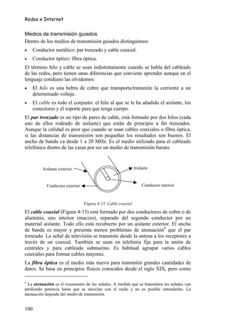 Redes e Internet


Medios de transmisión guiados
Dentro de los medios de transmisión guiados distinguimos:
•   Conductor metálico: par trenzado y cable coaxial.
•   Conductor óptico: fibra óptica.
El término hilo y cable se usan indistintamente cuando se habla del cableado
de las redes, pero tienen unas diferencias que conviene aprender aunque en el
lenguaje cotidiano las olvidemos:
•   El hilo es una hebra de cobre que transporta/transmite la corriente a un
    determinado voltaje.
•   El cable es todo el conjunto: el hilo al que se le ha añadido el aislante, los
    conectores y el soporte para que tenga cuerpo.
El par trenzado es un tipo de pares de cable, está formado por dos hilos (cada
uno de ellos rodeado de aislante) que están de principio a fin trenzados.
Aunque la calidad es peor que cuando se usan cables coaxiales o fibra óptica,
si las distancias de transmisión son pequeñas los resultados son buenos. El
ancho de banda va desde 1 a 20 MHz. Es el medio utilizado para el cableado
telefónico dentro de las casas por ser un medio de transmisión barato.



         Aislante exterior                                    Aislante



            Conductor exterior                                    Conductor interior



                                 Figura 4-15. Cable coaxial
El cable coaxial (Figura 4-15) está formado por dos conductores de cobre o de
aluminio, uno interior (macizo), separado del segundo conductor por un
material aislante. Todo ello está recubierto por un aislante exterior. El ancho
de banda es mayor y presenta menos problemas de atenuación8 que el par
trenzado. La señal de televisión se transmite desde la antena a los receptores a
través de un coaxial. También se usan en telefonía fija para la unión de
centrales y para cableado submarino. Es habitual agrupar varios cables
coaxiales para formar cables mayores.
La fibra óptica es el medio más nuevo para transmitir grandes cantidades de
datos. Se basa en principios físicos conocidos desde el siglo XIX, pero como

8
  La atenuación es el rozamiento de las señales. A medida que se transmiten las señales van
perdiendo potencia hasta que se mezclan con el ruido y no es posible entenderlas. La
atenuación depende del medio de transmisión.


100
 