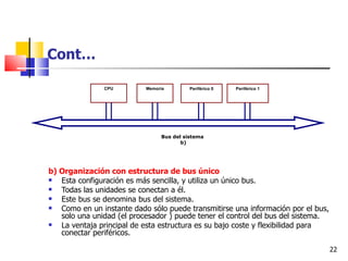 Cont…

               CPU         Memoria        Periférico 0   Periférico 1




                                Bus del sistema
                                       b)




b) Organización con estructura de bus único
  Esta configuración es más sencilla, y utiliza un único bus.
  Todas las unidades se conectan a él.
  Este bus se denomina bus del sistema.
  Como en un instante dado sólo puede transmitirse una información por el bus,
   solo una unidad (el procesador ) puede tener el control del bus del sistema.
  La ventaja principal de esta estructura es su bajo coste y flexibilidad para
   conectar periféricos.

                                                                                  22
 