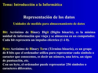 Bit: Acrónimo de Binary Digit (Dígito binario), es la mínima
unidad de información que viaja y se almacena en un computador.
Cada bit representa un impulso eléctrico (1 ó 0).
Representación de los datos
Byte: Acrónimo de Binary Term (Término binario), es un grupo
de 8 bits que el ordenador utiliza para representar cada símbolo o
caracter que conocemos, es decir un número, una letra, un signo
de puntuación, etc.
Con un byte, el ordenador puede representar 256 símbolos o
caracteres diferentes.
Unidades de medida para almacenamiento de datos
Tema: Introducción a la Informática
 