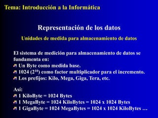 El sistema de medición para almacenamiento de datos se
fundamenta en:
Un Byte como medida base.
1024 (210) como factor multiplicador para el incremento.
Los prefijos: Kilo, Mega, Giga, Tera, etc.
Representación de los datos
Unidades de medida para almacenamiento de datos
Así:
1 KiloByte = 1024 Bytes
1 MegaByte = 1024 KiloBytes = 1024 x 1024 Bytes
1 GigaByte = 1024 MegaBytes = 1024 x 1024 KiloBytes …
Tema: Introducción a la Informática
 