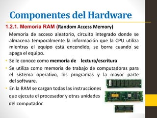 Componentes del Hardware
1.2.1. Memoria RAM (Random Access Memory)
Memoria de acceso aleatorio, circuito integrado donde se
almacena temporalmente la información que la CPU utiliza
mientras el equipo está encendido, se borra cuando se
apaga el equipo.
• Se le conoce como memoria de lectura/escritura
• Se utiliza como memoria de trabajo de computadoras para
el sistema operativo, los programas y la mayor parte
del software.
• En la RAM se cargan todas las instrucciones
que ejecuta el procesador y otras unidades
del computador.
 