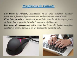 Periféricos de Entrada
Las teclas de función, localizadas en la línea superior, efectúan
funciones diferentes dependiendo del modo en el que son utilizadas.
El teclado numérico, localizado en el lado derecho de la mayor parte
de los teclados, permite introducir números rápidamente.
Las teclas de navegación, tales como las teclas de flecha, permiten
cambiar el posicionamiento en un documento o página web.
 