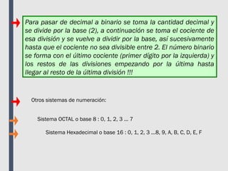 Para pasar de decimal a binario se toma la cantidad decimal y
se divide por la base (2), a continuación se toma el cociente de
esa división y se vuelve a dividir por la base, así sucesivamente
hasta que el cociente no sea divisible entre 2. El número binario
se forma con el último cociente (primer dígito por la izquierda) y
los restos de las divisiones empezando por la última hasta
llegar al resto de la última división !!!
Otros sistemas de numeración:
Sistema OCTAL o base 8 : 0, 1, 2, 3 ... 7
Sistema Hexadecimal o base 16 : 0, 1, 2, 3 ...8, 9, A, B, C, D, E, F
 