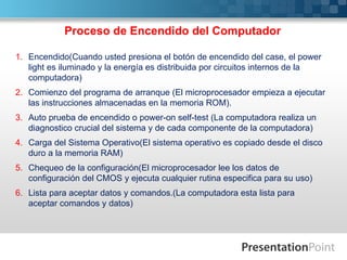 Proceso de Encendido del Computador

1. Encendido(Cuando usted presiona el botón de encendido del case, el power
   light es iluminado y la energía es distribuida por circuitos internos de la
   computadora)
2. Comienzo del programa de arranque (El microprocesador empieza a ejecutar
   las instrucciones almacenadas en la memoria ROM).
3. Auto prueba de encendido o power-on self-test (La computadora realiza un
   diagnostico crucial del sistema y de cada componente de la computadora)
4. Carga del Sistema Operativo(El sistema operativo es copiado desde el disco
   duro a la memoria RAM)
5. Chequeo de la configuración(El microprocesador lee los datos de
   configuración del CMOS y ejecuta cualquier rutina especifica para su uso)
6. Lista para aceptar datos y comandos.(La computadora esta lista para
   aceptar comandos y datos)
 