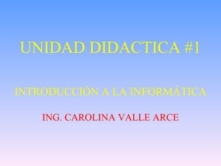UNIDAD DIDACTICA #1

INTRODUCCIÓN A LA INFORMÁTICA

    ING. CAROLINA VALLE ARCE
 