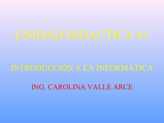 UNIDAD DIDACTICA #1 
INTRODUCCIÓN A LA INFORMÁTICA 
ING. CAROLINA VALLE ARCE 
 
