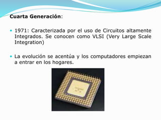 Cuarta Generación:
 1971: Caracterizada por el uso de Circuitos altamente
Integrados. Se conocen como VLSI (Very Large Scale
Integration)
 La evolución se acentúa y los computadores empiezan
a entrar en los hogares.
 