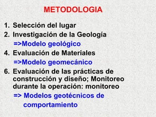 METODOLOGIA Selección del lugar  Investigación de la Geología =>Modelo geológico Evaluación de Materiales  =>Modelo geomecánico Evaluación de las prácticas de construcción y diseño; Monitoreo durante la operación: monitoreo => Modelos geotécnicos de  comportamiento 