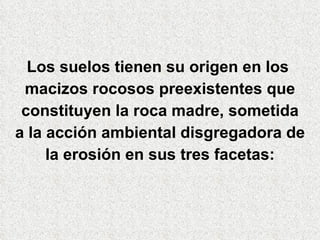 Los suelos tienen su origen en los  macizos rocosos preexistentes que constituyen la roca madre, sometida a la acción ambiental disgregadora de la erosión en sus tres facetas: 