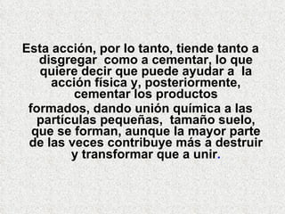 Esta acción, por lo tanto, tiende tanto a disgregar  como a cementar, lo que quiere decir que puede ayudar a  la acción física y, posteriormente, cementar los productos formados, dando unión química a las partículas pequeñas,  tamaño suelo, que se forman, aunque la mayor parte de las veces contribuye más a destruir y transformar que a unir . 