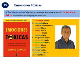 1. Ansiedad tóxica
2. Angustia tóxica
3. Insatisfacción crónica
4. Apego tóxico
5. Enojo tóxico
6. Envidia tóxica
7. Miedo tóxico
8. Vergüenza tóxica
9. Depresión tóxica
10. Frustración tóxica
11. Llanto tóxico
12. Duelo tóxico
13. Culpa tóxica
14. Rechazo tóxico
15. Celos tóxicos
Emociones tóxicas
13
En “Emociones tóxicas” el psicólogo Bernardo Stamateas analiza 15 emociones
tóxicas proponiendo estrategias para afrontarlas.
 