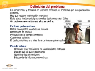 Definición del problema
Factores problemáticos
Datos incompletos, conflictivos, difusos
Diferencias de opinión
Presupuestos o tiempos limitados
Cuestiones políticas
El decisor no tiene una idea firme de lo que quiere realmente.
Plan de trabajo:
Observar y ser consciente de las realidades políticas
Decidir qué se quiere realmente
Identificar las restricciones
Búsqueda de información continua.
Es comprender y describir en términos precisos, el problema que la organización
enfrenta.
Hay que recoger información relevante
Es la etapa fundamental para que las decisiones sean útiles
Un problema no se formula sino se define.
 