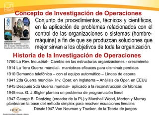 Conjunto de procedimientos, técnicos y científicos,
en la aplicación de problemas relacionados con el
control de las organizaciones o sistemas (hombre-
máquina) a fin de que se produzcan soluciones que
mejor sirvan a los objetivos de toda la organización.
Concepto de Investigación de Operaciones
Características:
Enfoque de sistemas
Uso de equipo interdisciplinario
Adaptación del método científico
Historia de la Investigación de Operaciones
1780 La Rev. Industrial- Cambio en las estructuras organizaciones - crecimiento
1914 La 1era Guerra mundial- maniobras eficaces para disminuir perdidas
1910 Demanda telefónica – con el equipo automático – Líneas de espera
1941 2da Guerra mundial- Inv. Oper. en Inglaterra – Análisis de Oper. en EEUU
1945 Después 2da Guerra mundial- aplicado a la reconstrucción de fábricas
1945 eco. G. J Stigler plantea un problema de programación lineal
1947 George B. Dantzing (creador de la PL) y Marshall Wood, Morton y Murray
plantearon la base del método simplex para resolver ecuaciones lineales
Desde1947 Von Neuman y Trucker, de la Teoría de juegos
 