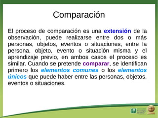Comparación
El proceso de comparación es una extensión de la
observación, puede realizarse entre dos o más
personas, objetos, eventos o situaciones, entre la
persona, objeto, evento o situación misma y el
aprendizaje previo, en ambos casos el proceso es
similar. Cuando se pretende comparar, se identifican
primero los elementos comunes o los elementos
únicos que puede haber entre las personas, objetos,
eventos o situaciones.
 