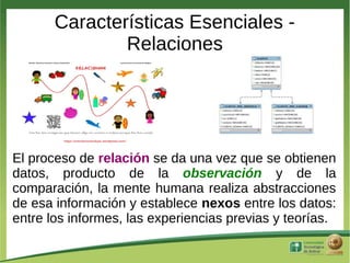 Características Esenciales -
               Relaciones




El proceso de relación se da una vez que se obtienen
datos, producto de la observación y de la
comparación, la mente humana realiza abstracciones
de esa información y establece nexos entre los datos:
entre los informes, las experiencias previas y teorías.
 