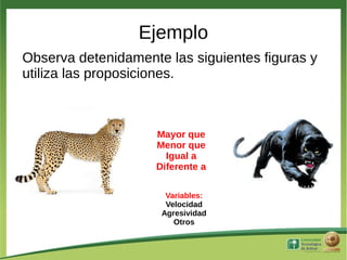 Ejemplo
Observa detenidamente las siguientes figuras y
utiliza las proposiciones.



                    Mayor que
                    Menor que
                      Igual a
                    Diferente a

                      Variables:
                      Velocidad
                     Agresividad
                        Otros
 