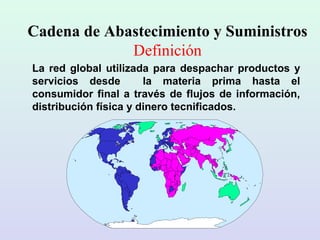 Cadena de Abastecimiento y Suministros
Definición
La red global utilizada para despachar productos y
servicios desde la materia prima hasta el
consumidor final a través de flujos de información,
distribución física y dinero tecnificados.
 