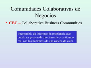 Comunidades Colaborativas de
Negocios
• CBC – Collaborative Business Communities
Intercambio de información propietaria que
puede ser procesada directamente y en tiempo
real con los miembros de una cadena de valor
 