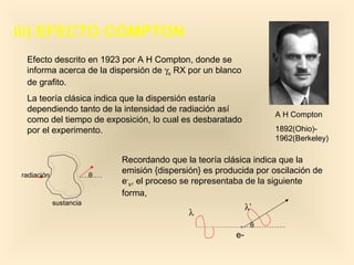 iii) EFECTO COMPTON
 Efecto descrito en 1923 por A H Compton, donde se
 informa acerca de la dispersión de γs RX por un blanco
 de grafito.
 La teoría clásica indica que la dispersión estaría
 dependiendo tanto de la intensidad de radiación así
                                                                   A H Compton
 como del tiempo de exposición, lo cual es desbaratado
 por el experimento.                                               1892(Ohio)-
                                                                   1962(Berkeley)

                            Recordando que la teoría clásica indica que la
radiación               θ
                            emisión {dispersión} es producida por oscilación de
                            e-s, el proceso se representaba de la siguiente
                            forma,
            sustancia
                                                              λ’
                                             λ
                                                               θ
                                                         e-
 
