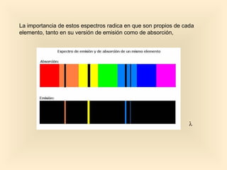 La importancia de estos espectros radica en que son propios de cada
elemento, tanto en su versión de emisión como de absorción,




                                                                 λ
 