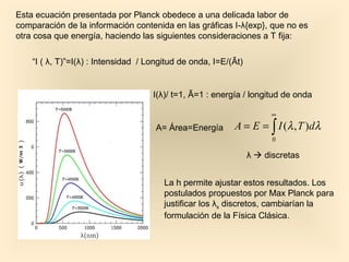 Esta ecuación presentada por Planck obedece a una delicada labor de
comparación de la información contenida en las gráficas I-λ{exp}, que no es
otra cosa que energía, haciendo las siguientes consideraciones a T fija:

    “I ( λ, T)”=I(λ) : Intensidad / Longitud de onda, I=E/(Ãt)


                                     I(λ)/ t=1, Ã=1 : energía / longitud de onda

                                                                       ∞

                                      A= Área=Energía      A = E = ∫ I ( λ , T ) dλ
                                                                       0

                                                                 λ  discretas


                                        La h permite ajustar estos resultados. Los
                                        postulados propuestos por Max Planck para
                                        justificar los λs discretos, cambiarían la
                                        formulación de la Física Clásica.
 