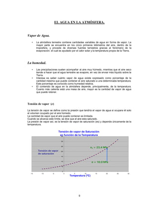 9
EL AGUA EN LA ATMÓSFERA.
Vapor de Agua.
• La atmósfera terrestre contiene cantidades variables de agua en forma de vapor. La
mayor parte se encuentra en los cinco primeros kilómetros del aire, dentro de la
troposfera, y procede de diversas fuentes terrestres gracias al fenómeno de la
evaporación. el cual es ayudado por el calor solar y la temperatura propia de la Tierra.
La humedad.
• Las precipitaciones suelen acompañar al aire muy húmedo, mientras que el aire seco
tiende a hacer que el agua terrestre se evapore, en vez de enviar más líquido sobre la
Tierra.
• Interesa es saber cuánto vapor de agua existe expresado como porcentaje de la
cantidad máxima que puede contener el aire saturado a una determinada temperatura.
Este porcentaje es conocido como humedad relativa.
• El contenido de agua en la atmósfera depende, principalmente, de la temperatura.
Cuanto más caliente está una masa de aire, mayor es la cantidad de vapor de agua
que puede retener.
Tensión de vapor (e)
La tensión de vapor se define como la presión que tendría el vapor de agua si ocupara él solo
el volumen ocupado por el aire húmedo.
La cantidad de vapor que el aire puede contener es limitada.
Cuando se alcanza este límite, se dice que el aire esta saturado.
La presión de vapor así, es la tensión de vapor de saturación (es) y depende únicamente de la
temperatura.
Tensión de vapor de Saturación
en función de la Temperatura
0
5
10
15
20
25
30
35
-15 -10 -5 0 5 10 15 20 25 30
Temperatura (ºC)
es = 23,4 hPa
e = 10,0 hPa
Tensión de vapor
de saturación
 