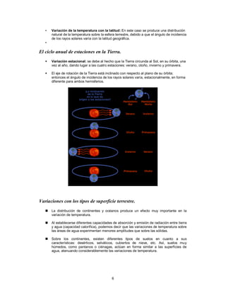 6
• Variación de la temperatura con la latitud: En este caso se produce una distribución
natural de la temperatura sobre la esfera terrestre, debido a que el ángulo de incidencia
de los rayos solares varía con la latitud geográfica.
•
El ciclo anual de estaciones en la Tierra.
 Variación estacional: se debe al hecho que la Tierra circunda al Sol, en su órbita, una
vez al año, dando lugar a las cuatro estaciones: verano, otoño, invierno y primavera.
 El eje de rotación de la Tierra está inclinado con respecto al plano de su órbita;
entonces el ángulo de incidencia de los rayos solares varía, estacionalmente, en forma
diferente para ambos hemisferios.
Variaciones con los tipos de superficie terrestre.
 La distribución de continentes y océanos produce un efecto muy importante en la
variación de temperatura.
 Al establecerse diferentes capacidades de absorción y emisión de radiación entre tierra
y agua (capacidad calorífica), podemos decir que las variaciones de temperatura sobre
las áreas de agua experimentan menores amplitudes que sobre las sólidas.
 Sobre los continentes, existen diferentes tipos de suelos en cuanto a sus
características: desérticos, selváticos, cubiertos de nieve, etc. Así, suelos muy
húmedos, como pantanos o ciénagas, actúan en forma similar a las superficies de
agua, atenuando considerablemente las variaciones de temperatura.
 