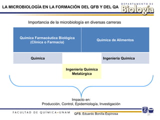 LA MICROBIOLOGÍA EN LA FORMACIÓN DEL QFB Y DEL QA
Impacto en:
Producción, Control, Epidemiología, Investigación
Química Farmacéutica Biológica
(Clínica o Farmacia)
Química de Alimentos
Química Ingeniería Química
Ingeniería Química
Metalúrgica
31
Importancia de la microbiología en diversas carreras
 