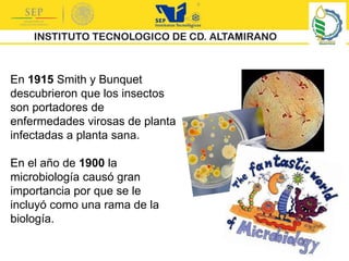 En 1915 Smith y Bunquet
descubrieron que los insectos
son portadores de
enfermedades virosas de planta
infectadas a planta sana.
En el año de 1900 la
microbiología causó gran
importancia por que se le
incluyó como una rama de la
biología.
 