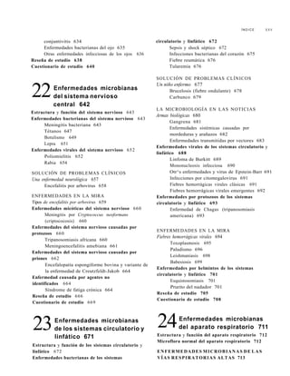 Í N D I C E XXV
conjuntivitis 634
Enfermedades bacterianas del ojo 635
Otras enfermedades infecciosas de los ojos 636
Reseña de estudio 638
Cuestionario de estudio 640
Enfermedades microbianas
del sistema nervioso
central 642
Estructura y función del sistema nervioso 643
Enfermedades bacterianas del sistema nervioso 643
Meningitis bacteriana 643
Tétanos 647
Botulismo 649
Lepra 651
Enfermedades virales del sistema nervioso 652
Poliomielitis 652
Rabia 654
SOLUCIÓN DE PROBLEMAS CLÍNICOS
Una enfermedad neurológica 657
Encefalitis por arbovirus 658
ENFERMEDADES EN LA MIRA
Tipos de encefalitis por arbovirus 659
Enfermedades micóticas del sistema nervioso 660
Meningitis por Cryptococcus neoformans
(criptococosis) 660
Enfermedades del sistema nervioso causadas por
protozoos 660
Tripanosomiasis africana 660
Meningoencefalitis amebiana 661
Enfermedades del sistema nervioso causadas por
priones 662
Encefalopatía espongiforme bovina y variante de
la enfermedad de Creutzfeldt-Jakob 664
Enfermedad causada por agentes no
identificados 664
Síndrome de fatiga crónica 664
Reseña de estudio 666
Cuestionario de estudio 669
Enfermedades microbianas
de los sistemas circulatorio y
linfático 671
Estructura y función de los sistemas circulatorio y
linfático 672
Enfermedades bacterianas de los sistemas
circulatorio y linfático 672
Sepsis y shock séptico 672
Infecciones bacterianas del corazón 675
Fiebre reumática 676
Tularemia 676
SOLUCIÓN DE PROBLEMAS CLÍNICOS
Un niño enfermo 677
Brucelosis (fiebre ondulante) 678
Carbunco 679
LA MICROBIOLOGÍA EN LAS NOTICIAS
Armas biológicas 680
Gangrena 681
Enfermedades sistémicas causadas por
mordeduras y arañazos 682
Enfermedades transmitidas por vectores 683
Enfermedades virales de los sistemas circulatorio y
linfático 688
Linfoma de Burkitt 689
Mononucleosis infecciosa 690
Otr^s enfermedades y virus de Epstein-Barr 691
Infecciones por citomegalovirus 691
Fiebres hemorrágicas virales clásicas 691
Fiebres hemorrágicas virales emergentes 692
Enfermedades por protozoos de los sistemas
circulatorio y linfático 693
Enfermedad de Chagas (tripanosomiasis
americana) 693
ENFERMEDADES EN LA MIRA
Fiebres hemorrágicas virales 694
Toxoplasmosis 695
Paludismo 696
Leishmaniasis 698
Babesiosis 699
Enfermedades por helmintos de los sistemas
circulatorio y linfático 701
Esquistosomiasis 701
Prurito del nadador 701
Reseña de estudio 705
Cuestionario de estudio 708
Enfermedades microbianas
del aparato respiratorio 711
Estructura y función del aparato respiratorio 712
Microflora normal del aparato respiratorio 712
ENFERMEDADES MICROBIANAS DE LAS
VÍAS RESPIRATORIAS ALTAS 713
22
23 24
 