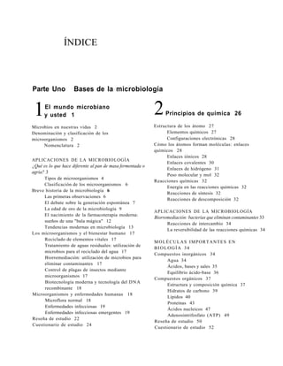 Parte Uno Bases de la microbiología
Microbios en nuestras vidas 2
Denominación y clasificación de los
microorganismos 2
Nomenclatura 2
APLICACIONES DE LA MICROBIOLOGÍA
¿Qué es lo que hace diferente al pan de masa fermentada o
agria? 3
Tipos de microorganismos 4
Clasificación de los microorganismos 6
Breve historia de la microbiología 6
Las primeras observaciones 6
El debate sobre la generación espontánea 7
La edad de oro de la microbiología 9
El nacimiento de la farmacoterapia moderna:
sueños de una "bala mágica" 12
Tendencias modernas en microbiología 13
Los microorganismos y el bienestar humano 17
Reciclado de elementos vitales 17
Tratamiento de aguas residuales: utilización de
microbios para el reciclado del agua 17
Biorremediación: utilización de microbios para
eliminar contaminantes 17
Control de plagas de insectos mediante
microorganismos 17
Biotecnología moderna y tecnología del DNA
recombinante 18
Microorganismos y enfermedades humanas 18
Microflora normal 18
Enfermedades infecciosas 19
Enfermedades infecciosas emergentes 19
Reseña de estudio 22
Cuestionario de estudio 24
Estructura de los átomo 27
Elementos químicos 27
Configuraciones electrónicas 28
Cómo los átomos forman moléculas: enlaces
químicos 28
Enlaces iónicos 28
Enlaces covalentes 30
Enlaces de hidrógeno 31
Peso molecular y mol 32
Reacciones químicas 32
Energía en las reacciones químicas 32
Reacciones de síntesis 32
Reacciones de descomposición 32
APLICACIONES DE LA MICROBIOLOGÍA
Biorremediación: bacterias que eliminan contaminantes 33
Reacciones de intercambio 34
La reversibilidad de las reacciones químicas 34
MOLÉCULAS IMPORTANTES EN
BIOLOGÍA 34
Compuestos inorgánicos 34
Agua 34
Ácidos, bases y sales 35
Equilibrio ácido-base 36
Compuestos orgánicos 37
Estructura y composición química 37
Hidratos de carbono 39
Lípidos 40
Proteínas 43
Ácidos nucleicos 47
Adenosintrifosfato (ATP) 49
Reseña de estudio 50
Cuestionario de estudio 52
ÍNDICE
2Principios de química 26
El mundo microbiano
y usted 11
 