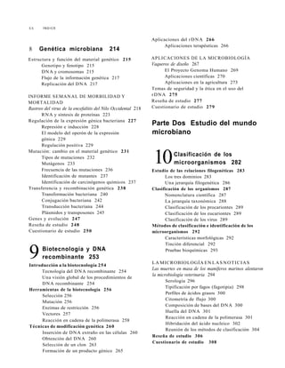 XX Í N D I C E
8 Genética microbiana 214
Estructura y función del material genético 215
Genotipo y fenotipo 215
DNA y cromosomas 215
Flujo de la información genética 217
Replicación del DNA 217
INFORME SEMANAL DE MORBILIDAD Y
MORTALIDAD
Rastreo del virus de la encefalitis del Nilo Occidental 218
RNA y síntesis de proteínas 223
Regulación de la expresión génica bacteriana 227
Represión e inducción 228
El modelo del operón de la expresión
génica 229
Regulación positiva 229
Mutación: cambio en el material genético 231
Tipos de mutaciones 232
Mutágenos 233
Frecuencia de las mutaciones 236
Identificación de mutantes 237
Identificación de carcinógenos químicos 237
Transferencia y recombinación genética 238
Transformación bacteriana 240
Conjugación bacteriana 242
Transducción bacteriana 244
Plásmidos y transposones 245
Genes y evolución 247
Reseña de estudio 248
Cuestionario de estudio 250
Aplicaciones del rDNA 266
Aplicaciones terapéuticas 266
APLICACIONES DE LA MICROBIOLOGÍA
Vaqueros de diseño 267
El Proyecto Genoma Humano 269
Aplicaciones científicas 270
Aplicaciones en la agricultura 273
Temas de seguridad y la ética en el uso del
rDNA 275
Reseña de estudio 277
Cuestionario de estudio 279
Parte Dos Estudio del mundo
microbiano
Estudio de las relaciones filogenéticas 283
Los tres dominios 283
Una jerarquía filogenética 286
Clasificación de los organismos 287
Nomenclatura científica 287
La jerarquía taxonómica 288
Clasificación de los procariontes 289
Clasificación de los eucariontes 289
Clasificación de los virus 289
Métodos de clasificación e identificación de los
microorganismos 292
Características morfológicas 292
Tinción diferencial 292
Pruebas bioquímicas 293
LA MICROBIOLOGÍA EN LAS NOTICIAS
Las muertes en masa de los mamíferos marinos alentaron
la microbiología veterinaria 294
Serología 296
Tipificación por fagos (fagotipia) 298
Perfiles de ácidos grasos 300
Citometría de flujo 300
Composición de bases del DNA 300
Huella del DNA 301
Reacción en cadena de la polimerasa 301
Hibridación del ácido nucleico 302
Reunión de los métodos de clasificación 304
Reseña de estudio 306
Cuestionario de estudio 308
10Clasificación de los
microorganismos 282
Biotecnología y DNA
recombinante 2539Introducción a la biotecnología 254
Tecnología del DNA recombinante 254
Una visión global de los procedimientos de
DNA recombinante 254
Herramientas de la biotecnología 256
Selección 256
Mutación 256
Enzimas de restricción 256
Vectores 257
Reacción en cadena de la polimerasa 258
Técnicas de modificación genética 260
Inserción de DNA extraño en las células 260
Obtención del DNA 260
Selección de un clon 263
Formación de un producto génico 265
 