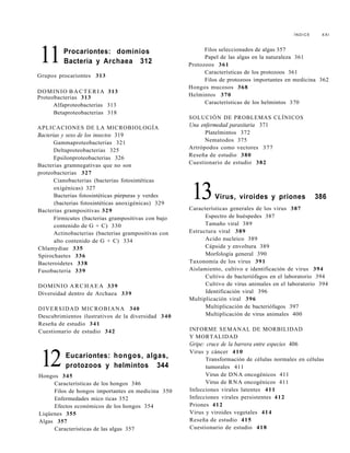 Í N D I C E X X I
Grupos procariontes 313
DOMINIO BACTERIA 313
Proteobacterias 313
Alfaproteobacterias 313
Betaproteobacterias 318
APLICACIONES DE LA MICROBIOLOGÍA
Bacterias y sexo de los insectos 319
Gammaproteobacterias 321
Deltaproteobacterias 325
Epsilonproteobacterias 326
Bacterias gramnegativas que no son
proteobacterias 327
Cianobacterias (bacterias fotosintéticas
oxigénicas) 327
Bacterias fotosintéticas púrpuras y verdes
(bacterias fotosintéticas anoxigénicas) 329
Bacterias grampositivas 329
Firmicutes (bacterias grampositivas con bajo
contenido de G + C) 330
Actinobacterias (bacterias grampositivas con
alto contenido de G + C) 334
Chlamydiae 335
Spirochaetes 336
Bacteroidetes 338
Fusobacteria 339
DOMINIO ARCHAEA 339
Diversidad dentro de Archaea 339
DIVERSIDAD MICROBIANA 340
Descubrimientos ilustrativos de la diversidad 340
Reseña de estudio 341
Cuestionario de estudio 342
Filos seleccionados de algas 357
Papel de las algas en la naturaleza 361
Protozoos 361
Características de los protozoos 361
Filos de protozoos importantes en medicina 362
Hongos mucosos 368
Helmintos 370
Características de los helmintos 370
SOLUCIÓN DE PROBLEMAS CLÍNICOS
Una enfermedad parasitaria 371
Platelmintos 372
Nematodos 375
Artrópodos como vectores 377
Reseña de estudio 380
Cuestionario de estudio 382
11Procariontes: dominios
Bacteria y Archaea 312
12 Eucariontes: hongos, algas,
protozoos y helmintos 344
Hongos 345
Características de los hongos 346
Filos de hongos importantes en medicina 350
Enfermedades mico ticas 352
Efectos económicos de los hongos 354
Liqúenes 355
Algas 357
Características de las algas 357
13Virus, viroides y priones 386
Características generales de los virus 387
Espectro de huéspedes 387
Tamaño viral 389
Estructura viral 389
Acido nucleico 389
Cápside y envoltura 389
Morfología general 390
Taxonomía de los virus 391
Aislamiento, cultivo e identificación de virus 394
Cultivo de bacteriófagos en el laboratorio 394
Cultivo de virus animales en el laboratorio 394
Identificación viral 396
Multiplicación viral 396
Multiplicación de bacteriófagos 397
Multiplicación de virus animales 400
INFORME SEMANAL DE MORBILIDAD
Y MORTALIDAD
Gripe: cruce de la barrera entre especies 406
Virus y cáncer 410
Transformación de células normales en células
tumorales 411
Virus de DNA oncogénicos 411
Virus de RNA oncogénicos 411
Infecciones virales latentes 411
Infecciones virales persistentes 412
Priones 412
Virus y viroides vegetales 414
Reseña de estudio 415
Cuestionario de estudio 418
 