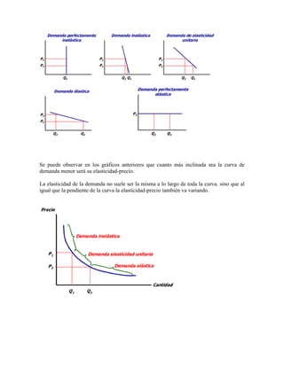 Se puede observar en los gráficos anteriores que cuanto más inclinada sea la curva de
demanda menor será su elasticidad-precio.

La elasticidad de la demanda no suele ser la misma a lo largo de toda la curva. sino que al
igual que la pendiente de la curva la elasticidad-precio también va variando.
 