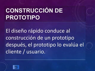 CONSTRUCCIÓN DE
PROTOTIPO

El diseño rápido conduce al
construcción de un prototipo
después, el prototipo lo evalúa el
cli...