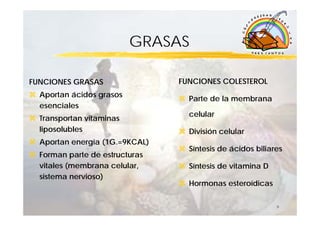 GRASAS

FUNCIONES GRASAS                FUNCIONES COLESTEROL
  Aportan ácidos grasos
                                  Parte de la membrana
  esenciales
                                  celular
  Transportan vitaminas
  liposolubles                    División celular
  Aportan energía (1G.=9KCAL)
                                  Síntesis de ácidos biliares
  Forman parte de estructuras
  vitales (membrana celular,      Síntesis de vitamina D
  sistema nervioso)
                                  Hormonas esteroídicas

                                                           9
 