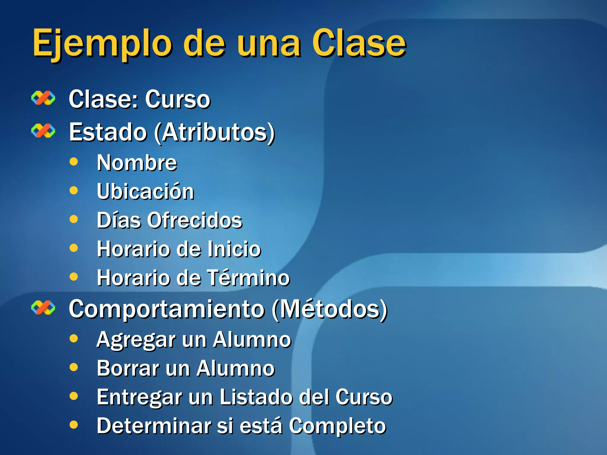 Ejemplo de una Clase Clase: Curso Estado (Atributos) Nombre Ubicación Días Ofrecidos Horario de Inicio Horario de Término Comportamiento (Métodos) Agregar un Alumno Borrar un Alumno Entregar un Listado del Curso Determinar si está Completo 
