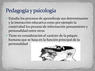  Estudia los procesos de aprendizaje sus determinantes
y la interacción educativa como por ejemplo la
creatividad los proceso de información pensamiento y
personalidad entre otros
 Tiene en consideración el carácter de la psiquis
humana que se basa en la función principal de la
personalidad
 
