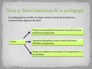  La pedagogía ha tenido un largo camino atares de la historia y
conoceremos algunos de ellos
Grecia
Tenían la mentalidad de alcanzar la perfección por
medio de la educación
Surgieron disciplinas como música literatura
filosofía y la gimnasia
Exigía una didáctica orientada a la imaginación y a
los sentidos
 