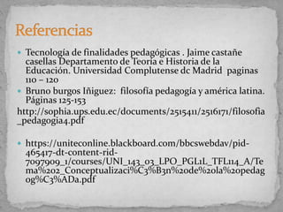  Tecnología de finalidades pedagógicas . Jaime castañe
casellas Departamento de Teoría e Historia de la
Educación. Universidad Complutense dc Madrid paginas
110 – 120
 Bruno burgos Iñiguez: filosofía pedagogía y américa latina.
Páginas 125-153
http://sophia.ups.edu.ec/documents/2515411/2516171/filosofia
_pedagogia4.pdf
 https://uniteconline.blackboard.com/bbcswebdav/pid-
465417-dt-content-rid-
7097909_1/courses/UNI_143_03_LPO_PGL1L_TFL114_A/Te
ma%202_Conceptualizaci%C3%B3n%20de%20la%20pedag
og%C3%ADa.pdf
 