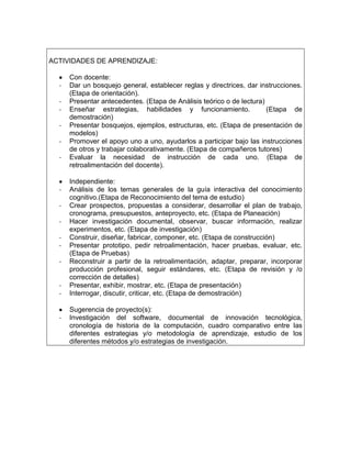 ACTIVIDADES DE APRENDIZAJE:

      Con docente:
  -   Dar un bosquejo general, establecer reglas y directrices, dar instrucciones.
      (Etapa de orientación).
  -   Presentar antecedentes. (Etapa de Análisis teórico o de lectura)
  -   Enseñar estrategias, habilidades y funcionamiento.               (Etapa de
      demostración)
  -   Presentar bosquejos, ejemplos, estructuras, etc. (Etapa de presentación de
      modelos)
  -   Promover el apoyo uno a uno, ayudarlos a participar bajo las instrucciones
      de otros y trabajar colaborativamente. (Etapa de compañeros tutores)
  -   Evaluar la necesidad de instrucción de cada uno. (Etapa de
      retroalimentación del docente).

      Independiente:
  -   Análisis de los temas generales de la guía interactiva del conocimiento
      cognitivo.(Etapa de Reconocimiento del tema de estudio)
  -   Crear prospectos, propuestas a considerar, desarrollar el plan de trabajo,
      cronograma, presupuestos, anteproyecto, etc. (Etapa de Planeación)
  -   Hacer investigación documental, observar, buscar información, realizar
      experimentos, etc. (Etapa de investigación)
  -   Construir, diseñar, fabricar, componer, etc. (Etapa de construcción)
  -   Presentar prototipo, pedir retroalimentación, hacer pruebas, evaluar, etc.
      (Etapa de Pruebas)
  -   Reconstruir a partir de la retroalimentación, adaptar, preparar, incorporar
      producción profesional, seguir estándares, etc. (Etapa de revisión y /o
      corrección de detalles)
  -   Presentar, exhibir, mostrar, etc. (Etapa de presentación)
  -   Interrogar, discutir, criticar, etc. (Etapa de demostración)

      Sugerencia de proyecto(s):
  -   Investigación del software, documental de innovación tecnológica,
      cronología de historia de la computación, cuadro comparativo entre las
      diferentes estrategias y/o metodología de aprendizaje, estudio de los
      diferentes métodos y/o estrategias de investigación.
 