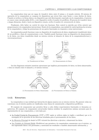 CAP´ITULO 1. INTRODUCCI ´ON A LAS COMPUTADORAS
La computadora tiene que ser capaz de transferir datos entre ´el mismo y el mundo exterior. El entorno de
operaci´on de la computadora se compone de dispositivos que sirven bien como fuente o como destino de datos.
Cuando se reciben o se llevan datos a un dispositivo que est´a directamente conectado con la computadora, el proceso
se conoce como entrada-salida (E-S), y este dispositivo recibe el nombre de perif´erico. El proceso de transferir datos
a largas distancias, desde o hacia un dispositivo remoto, recibe el nombre de comunicaci´on de datos.
Finalmente, debe haber un control de estas tres funciones. Este control es ejercido por el/los entes(s) que
proporciona(n) a la computadora instrucciones. Dentro de la computadora, una unidad de control gestiona los recursos
de la computadora y dirige las prestaciones de sus partes funcionales en respuesta a estas instrucciones.
La computadora puede funcionar como un dispositivo de transferencia de datos, simplemente transﬁriendo datos
de un perif´erico o l´ınea de comunicaciones a otro. Tambi´en puede funcionar como un dispositivo de almacenamien-
to de datos, con datos transferidos desde un entorno externo al almac´en de datos de la computadora(lectura) y
viceversa(escritura).
(a) Transferencia de Datos (b) Almacenamiento de Datos
Los dos diagramas restantes muestran operaciones que implican procesamiento de datos, en datos almacenados,
o bien en tr´ansito entre el almac´en y el entorno externo.
(c) Procesamiento de Datos Almacenados (d) Procesamiento de Datos en Tr´ansito
1.4.2. Estructura
La computadora es una entidad que interact´ua de alguna manera con su entorno externo. En general, todas sus
conexiones con el exterior pueden ser clasiﬁcadas como l´ıneas de comunicaci´on o dispositivos perif´ericos.
El conjunto de componentes que permiten llevar a cabo dichos requerimientos funcionales se denomina ar-
quitectura. El conjunto de componentes estructurales b´asicos establece la arquitectura m´ınima necesaria para la
representaci´on de una computadora, y est´a dada por:
La Unidad Central de Procesamiento (UCP o CPU seg´un se utilicen siglas en ingl´es o castellano) que es la
encargada de la ejecuci´on de las directivas brindadas para el procesamiento de los datos,
La Memoria Principal de donde la CPU extraer´a las directivas a ejecutar y almacenar´a los datos,
Las Unidades de Entrada/Salida (Perif´ericos) que permiten a la computadora comunicarse con el exterior, ya
sea capturando datos a ser procesados y mostrando los resultados o tambi´en almacenando informaci´on; y
2018 - ´Area de Servicios - Departamento de Inform´atica - Universidad Nacional de San Luis 9
 