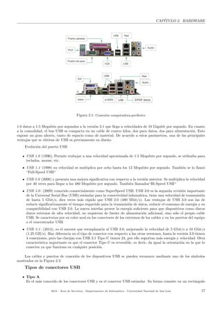 CAP´ITULO 2. HARDWARE
Figura 2.1: Conexi´on computadora-per´ıferico
1.0 datos a 1.5 Megabits por segundos a la versi´on 3.1 que llega a velocidades de 10 Gigabit por segundo. En cuanto
a la comodidad, el bus USB se compacta en un cable de cuatro hilos, dos para datos, dos para alimentaci´on. Esto
supone un gran ahorro, tanto de espacio como de material. De acuerdo a estos par´ametros, una de las principales
ventajas que se obtiene de USB es precisamente su dise˜no.
Evoluci´on del puerto USB
USB 1.0 (1996), Permite trabajar a una velocidad aproximada de 1.5 Megabits por segundo, se utilizaba para
teclados, mouse, etc.
USB 1.1 (1998) su velocidad se multiplica por ocho hasta los 12 Megabits por segundo. Tambi´en se lo llam´o
“Full-Speed USB“
USB 2.0 (2000) y presenta una mejora signiﬁcativa con respecto a la versi´on anterior. Se multiplica la velocidad
por 40 veces para llegar a los 480 Megabits por segundo. Tambi´en llamados“Hi-Speed USB“
USB 3.0: (2009) conocido comercialmente como SuperSpeed USB. USB 3.0 es la segunda revisi´on importante
de la Universal Serial Bus (USB) est´andar para la conectividad inform´atica, tiene una velocidad de transmisi´on
de hasta 5 Gbit/s, diez veces m´as r´apido que USB 2.0 (480 Mbit/s). Las ventajas de USB 3.0 son las de
reducir signiﬁcativamente el tiempo requerido para la transmisi´on de datos, reducir el consumo de energ´ıa y su
compatibilidad con USB 2.0. La nueva interfaz provee la energ´ıa suﬁciente para que dispositivos como discos
duros externos de alta velocidad, no requieran de fuente de alimentaci´on adicional, sino s´olo el propio cable
USB. Se caracteriza por su color azul en los conectores de los extremos de los cables y en los puertos del equipo
o el concentrador USB.
USB 3.1: (2014), es el sucesor que reemplazar´ıa al USB 3.0, mejorando la velocidad de 5 Gbit/s a 10 Gbit/s
(1.25 GB/s). Hay diferencia en el tipo de conector con respecto a las otras versiones, hasta la versi´on 3.0 tienen
4 conexiones, pero las clavijas con USB 3.1 Tipo C tienen 24, por ello soportan m´as energ´ıa y velocidad. Otra
caracter´ıstica importante es que el conector Tipo C es reversible, es decir, da igual la orientaci´on en la que lo
conectes ya que funciona en cualquier posici´on.
Los cables y puertos de conexi´on de los dispositivos USB se pueden reconocer mediante uno de los s´ımbolos
mostrados en la Figura 2.3.
Tipos de conectores USB
Tipo A
Es el m´as conocido de los conectores USB y es el conector USB est´andar. Su forma consiste en un rect´angulo
2018 - ´Area de Servicios - Departamento de Inform´atica - Universidad Nacional de San Luis 17
 