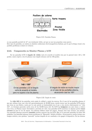 CAP´ITULO 2. HARDWARE
Figura 2.21: Pantallas Plasma
en una pantalla port´atil de 12” son totalmente ´utiles, as´ı que no son tan peque˜nas como parece.
Este tipo de pantallas, no emiten en absoluto radiaciones electromagn´eticas da˜ninas, por lo que la fatiga visual y los
posibles problemas oculares se reducen.
2.6.6. Comparaci´on en Monitor Plasma y LCD
En las pantallas LCD el ´angulo de visi´on varia de acuerdo al modelo esta por lo general entre 140 y 150
grados, nunca supera a las de plasma cuyo ´angulo alcanza casi los 180 grados.
Figura 2.22: ´Angulo de visi´on
La vida ´util de las pantallas var´ıa seg´un la calidad y seg´un las marcas. En el caso de las pantallas plasma el
gas que utilizan tiene una vida ´util aproximadamente de 20.000 horas, mucho menor que las pantallas LCD puesto
que estas no usa f´osforo, raz´on por la cual, pierde su luminosidad con el uso y esto acorta relativamente su “vida
´util”, en t´erminos generales oscila cerca de las 50.000 horas ´util. En LCD las im´agenes son m´as claras y colores
mas vivos, en Plasma mayor diversidad y precisi´on de color. Las pantallas LCD muestran en algunas partes tonos
oscuros de gris en vez de negros. Los plasmas deﬁnen mejor los negros. Aunque sean muy oscuros, son parejos.
Las pantallas plasmas permiten tama˜nos muchos mayores que las LCD. Hay en el mercado pantallas de hasta 104
pulgadas. Las pantallas plasmas tienen problemas de “Quemado” debido al fosforo. Al permanecer mucho tiempo una
imagen est´atica, esta quedara “marcada” incluso despu´es de ser cambiada o de apagar el dispositivo. En las mismas
2018 - ´Area de Servicios - Departamento de Inform´atica - Universidad Nacional de San Luis 38
 
