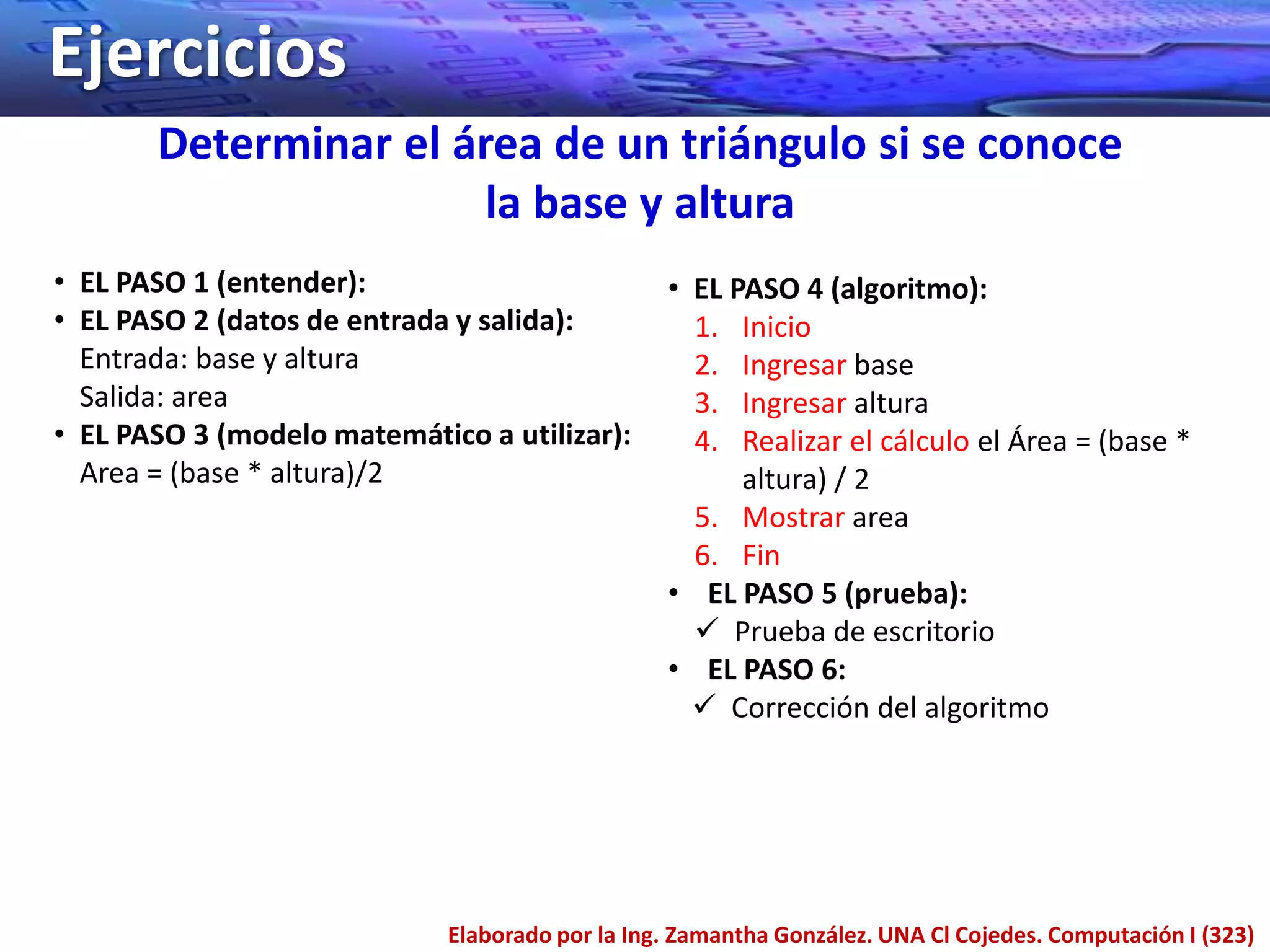 Ejercicios
       Determinar el área de un triángulo si se conoce
                       la base y altura
• EL PASO 1 (entender):                          • EL PASO 4 (algoritmo):
• EL PASO 2 (datos de entrada y salida):           1. Inicio
  Entrada: base y altura                           2. Ingresar base
  Salida: area                                     3. Ingresar altura
• EL PASO 3 (modelo matemático a utilizar):        4. Realizar el cálculo el Área = (base *
  Area = (base * altura)/2                             altura) / 2
                                                   5. Mostrar area
                                                   6. Fin
                                                 • EL PASO 5 (prueba):
                                                    Prueba de escritorio
                                                 • EL PASO 6:
                                                    Corrección del algoritmo




                             Elaborado por la Ing. Zamantha González. UNA Cl Cojedes. Computación I (323)
 