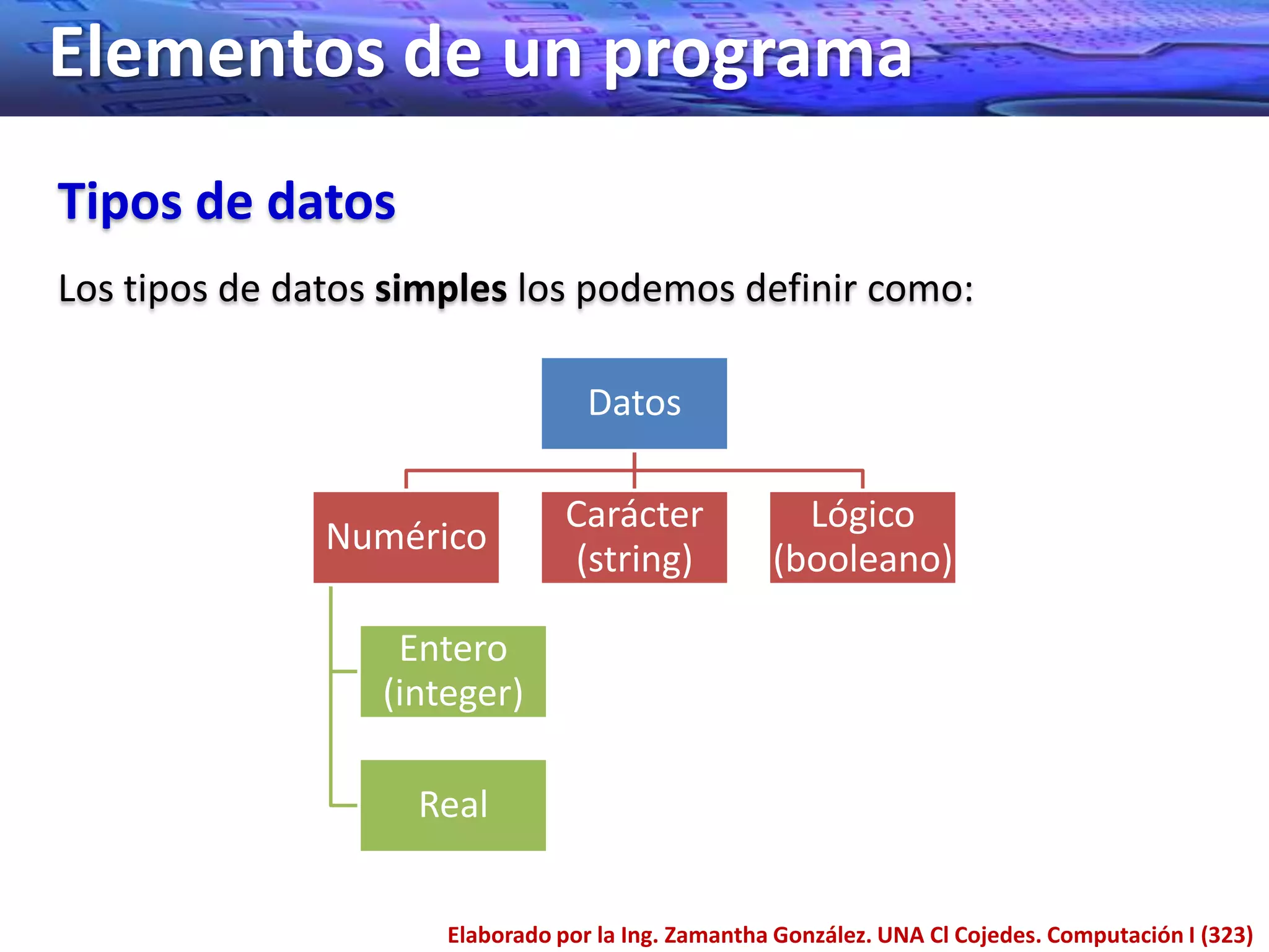Elementos de un programa
Tipos de datos
Los tipos de datos simples los podemos definir como:

                                   Datos

                                 Carácter             Lógico
               Numérico
                                 (string)           (booleano)

                   Entero
                  (integer)

                    Real


                      Elaborado por la Ing. Zamantha González. UNA Cl Cojedes. Computación I (323)
 